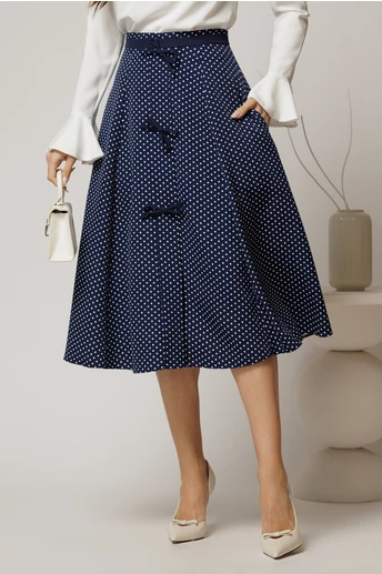 Fusta DY Fashion midi bleumarin cu buline si fundite in contrast