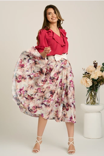 Fusta DY Fashion midi ivory din voal in clos cu imprimeu magenta si funda in talie