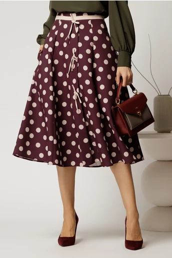 Fusta DY Fashion midi magenta cu buline si fundite in contrast