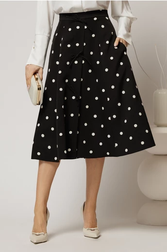 Fusta DY Fashion midi neagra cu buline si fundite in contrast