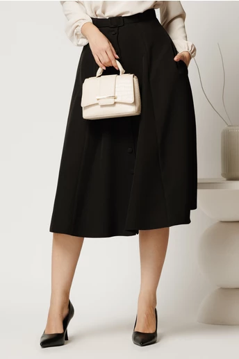 Fusta DY Fashion midi neagra cu nasturi si curea in talie
