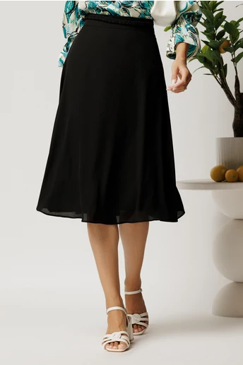 Fusta DY Fashion midi neagra din triplu voal in clos cu cordon impletit