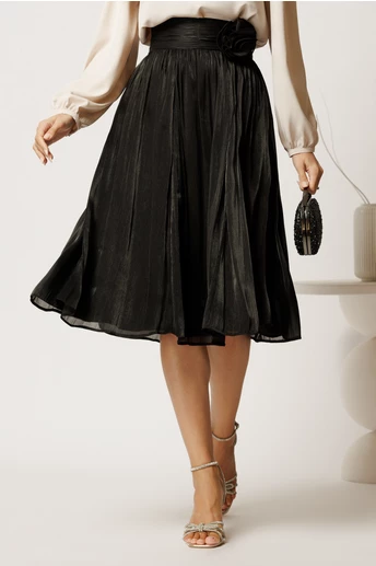 Fusta DY Fashion midi neagra in clos din voal cu insertii din fir lurex si floare in talie