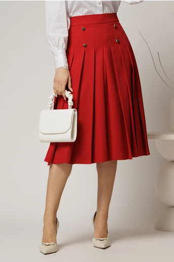 Fusta DY Fashion midi rosie cu pliuri si nasturi decorativi