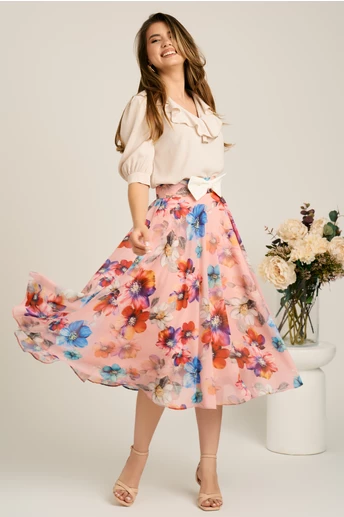 Fusta DY Fashion midi roz din voal in clos cu flori albastre si funda in talie