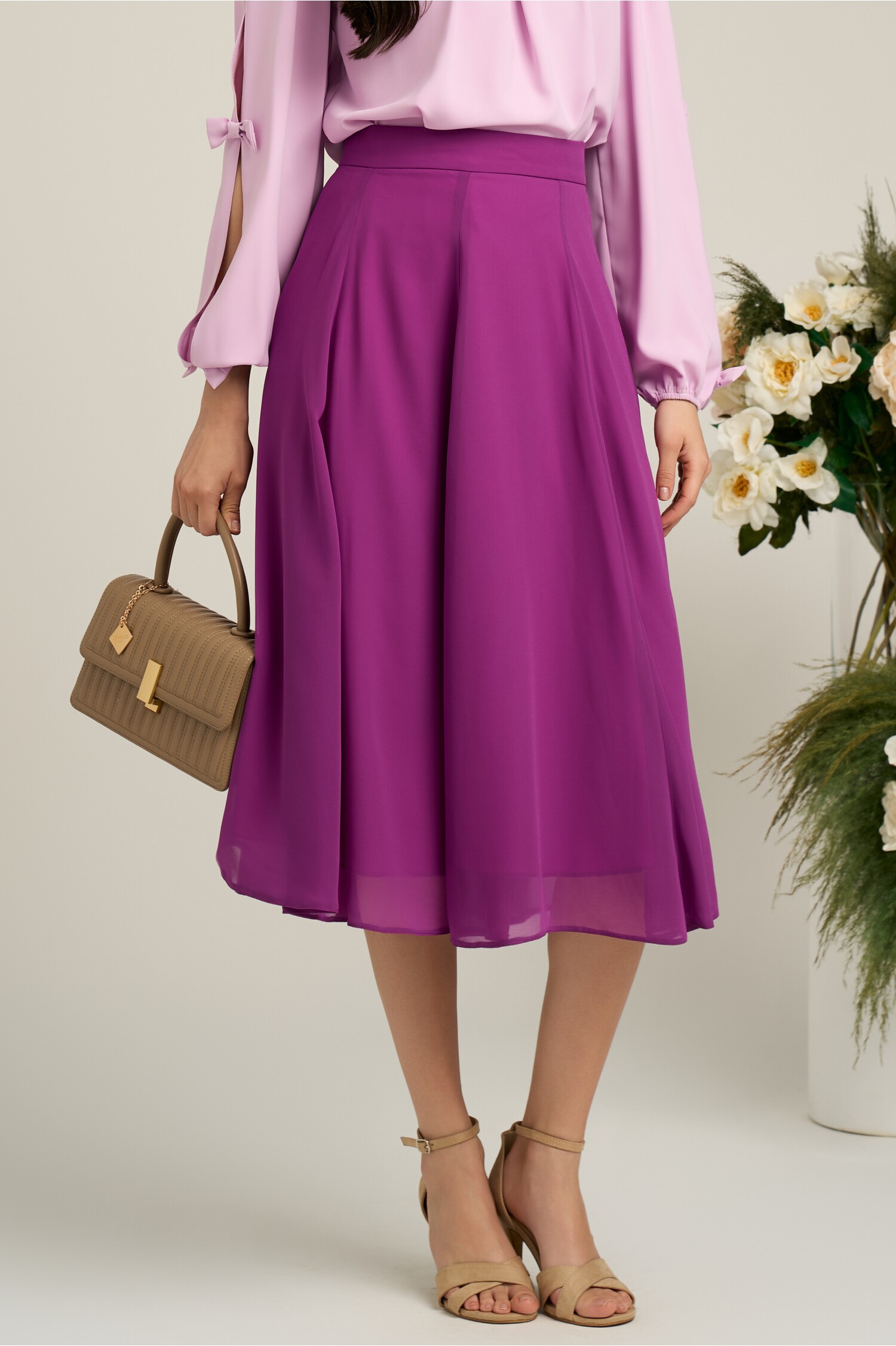 Fusta DY Fashion midi vaporoasa din voal mov