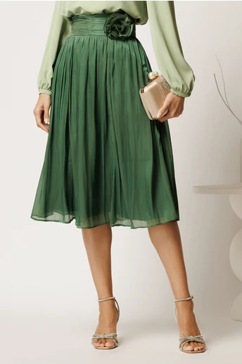 Fusta DY Fashion midi verde in clos din voal cu insertii din fir lurex si floare in talie