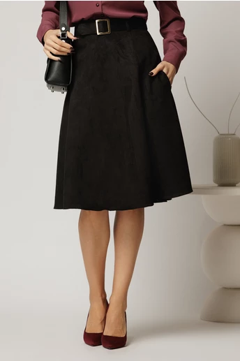 Fusta DY Fashion neagra clos din piele intoarsa si curea in talie