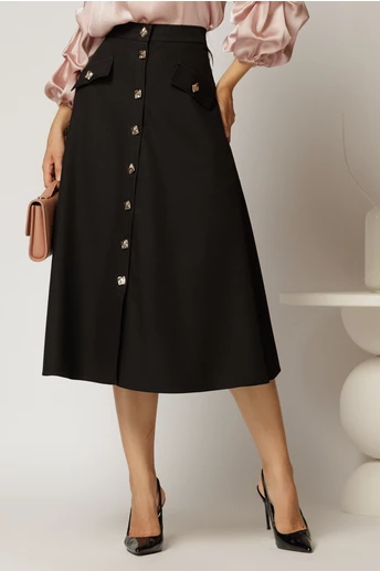 Fusta DY Fashion neagra midi clos cu nasturi si capace