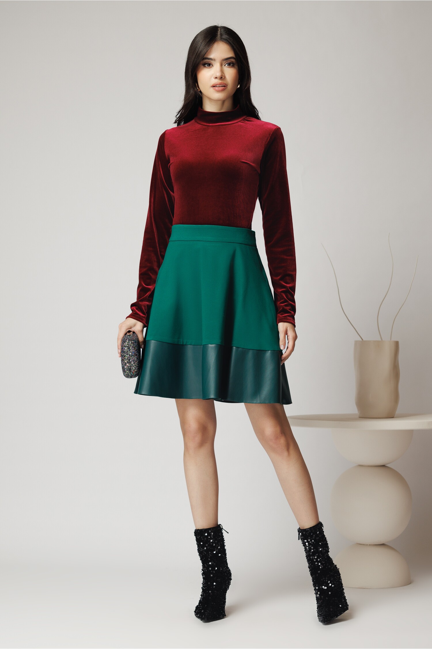 Fusta Dy Fashion office din stofa verde cu insertie din piele ecologica la baza