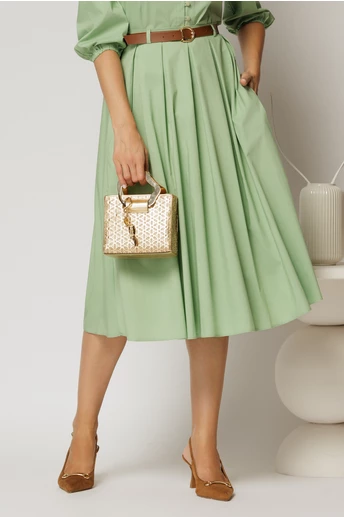 Fusta DY Fashion verde fistic din poplin cu pliuri si curea in talie