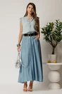 Fusta midi albastra din denim in clos cu nasturi si curea, 3, dyfashion.ro
