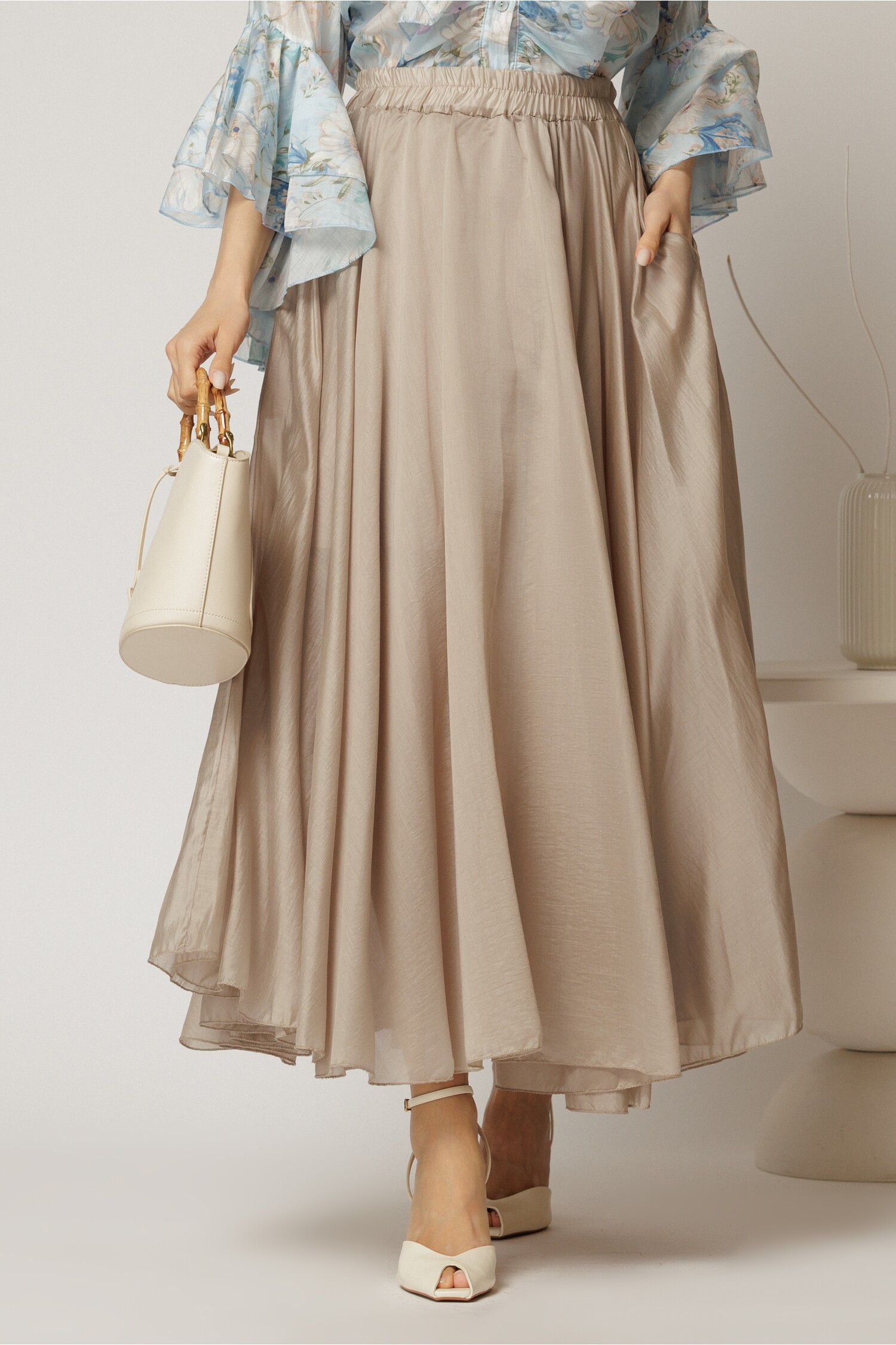 Fusta midi bej clos din tencel casual eleganta