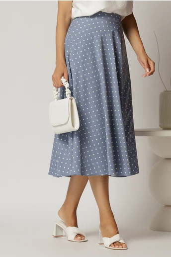 Fusta midi bleu clos cu buline