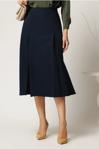 Fusta midi bleumarin din stofa clos cu pliuri