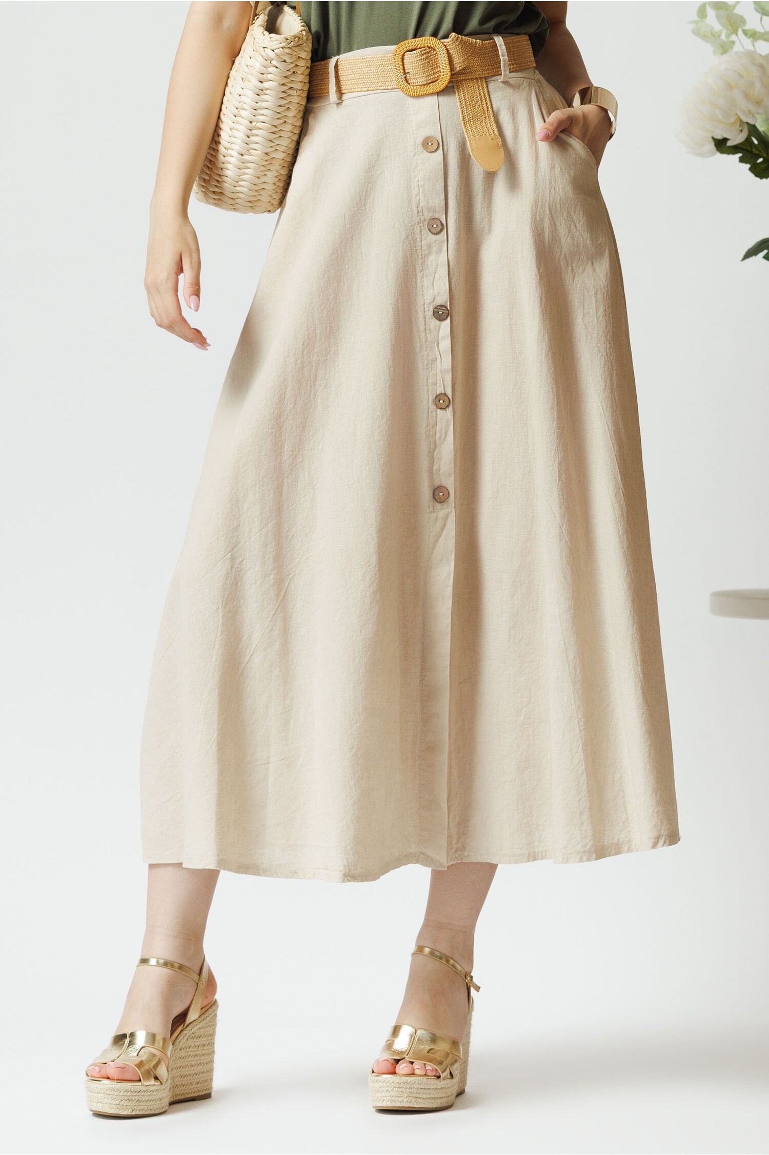 Nou Fusta midi casual din in bej cu…