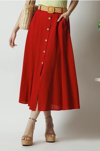 Fusta midi casual din in rosie cu nasturi si curea