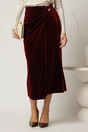 Fusta midi eleganta din catifea bordo cu aplicatie stralucitoare in talie, 1, dyfashion.ro