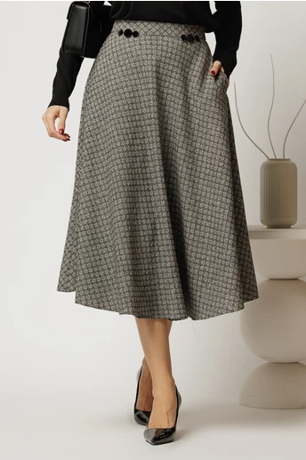Fusta midi gri cu imprimeuri si nasturi decorativi pe talie