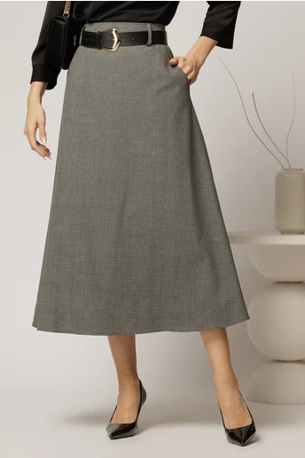 Fusta midi gri in carouri si buzunare