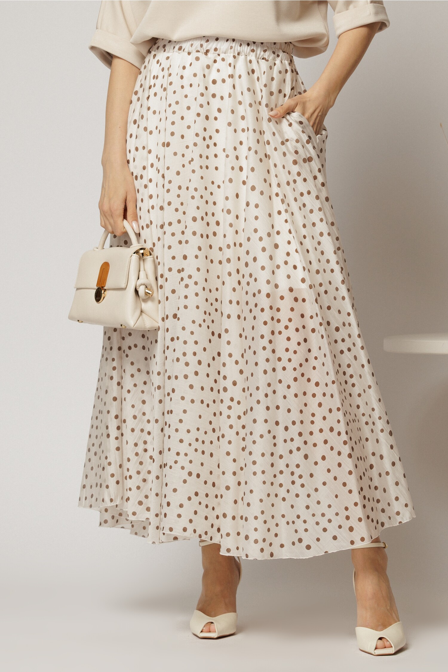 Fusta midi ivoar cu buline clos din tencel casual eleganta