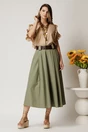 Fusta midi kaki din bumbac in clos cu pliuri si curea in talie, 3, dyfashion.ro