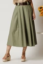 Fusta midi kaki din bumbac in clos cu pliuri si curea in talie, 1, dyfashion.ro