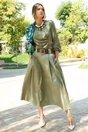 Fusta midi kaki din bumbac in clos cu pliuri si curea in talie, 1, dyfashion.ro