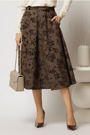Fusta midi maro cu imprimeuri din catifea si nasturi decorativi pe talie