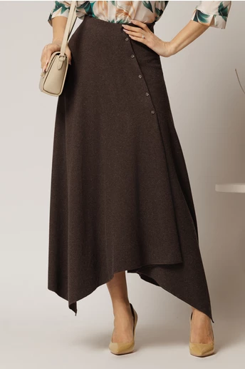 Fusta midi maro din tricot cu nasturi decorativi si amestec de viscoza