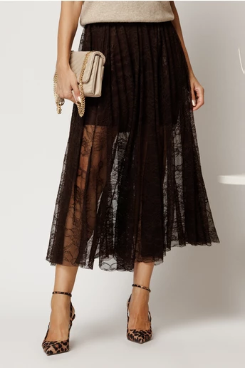Fusta midi maro in clos din dantela cu elastic in talie