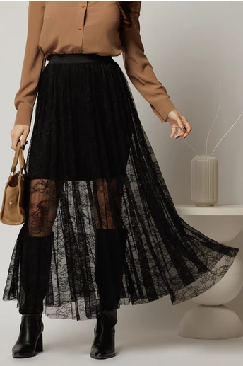 Fusta midi neagra in clos din dantela cu elastic in talie