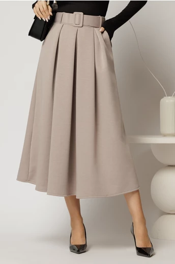 Fusta midi office din jerse bej cu pliuri si curea in talie