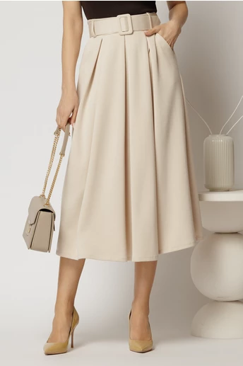Fusta midi office din jerse ivoar cu pliuri si curea in talie