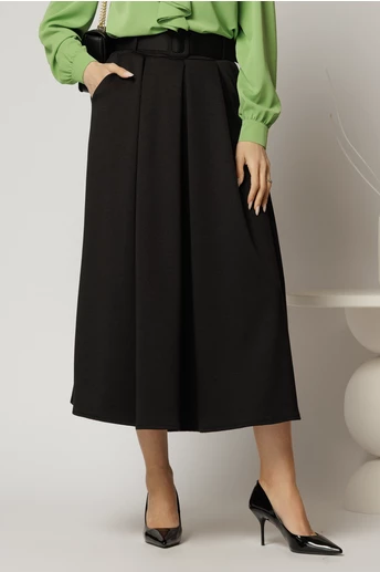 Fusta midi office neagra din jerse cu pliuri si curea in talie