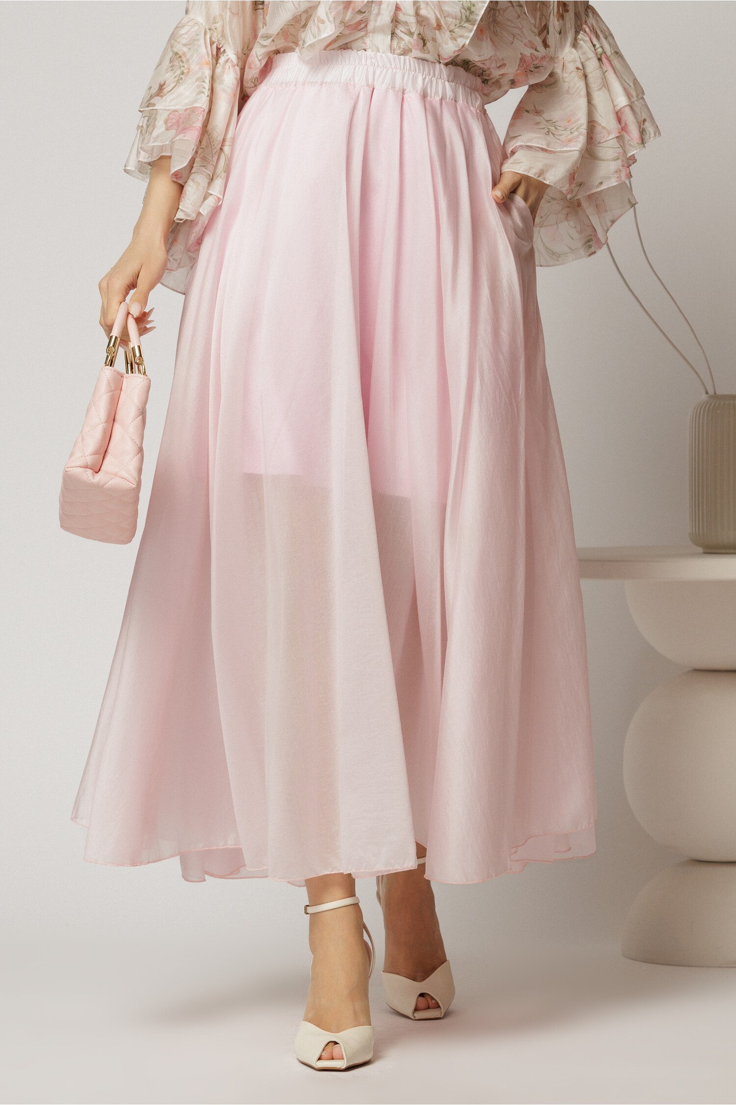 Fusta midi roz clos din tencel casual eleganta