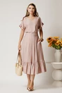 Fusta midi roz din rayon in clos cu volan la baza, 1, dyfashion.ro