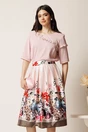 Fusta midi roz din tafta in clos cu flori la baza si pliuri, 1, dyfashion.ro