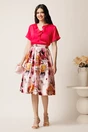 Fusta midi roz din tafta in clos cu flori magenta si pliuri, 3, dyfashion.ro