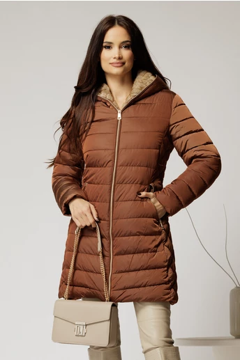 Geaca dama caramizie cu gluga si blanita pe interior