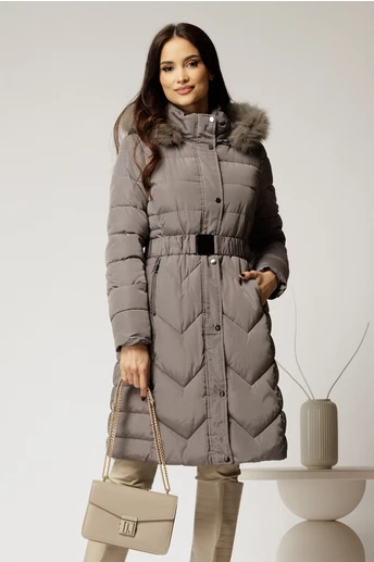 Geaca dama gri cu cordon cu catarama in talie