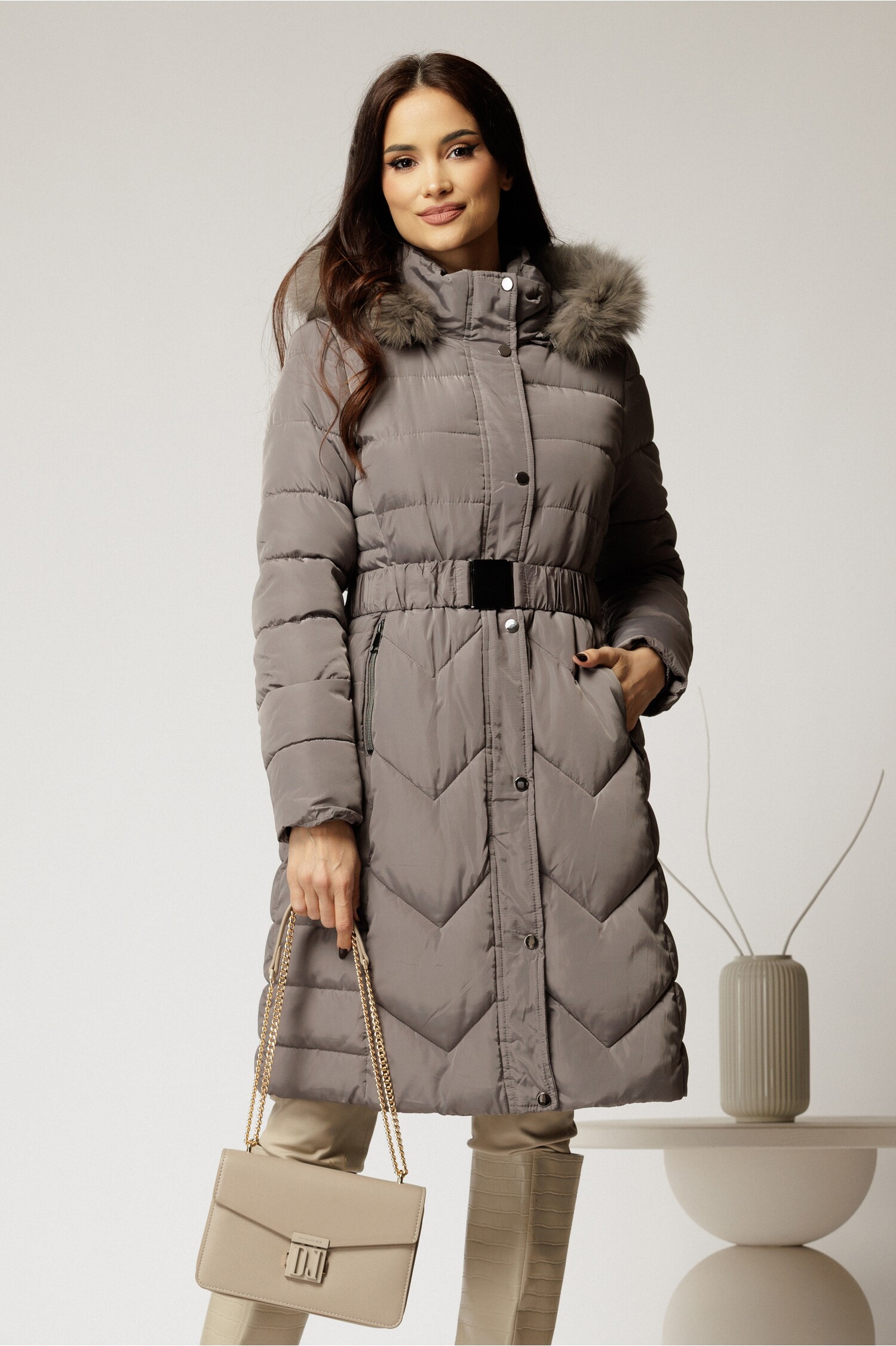 Geaca dama gri cu cordon cu catarama in talie