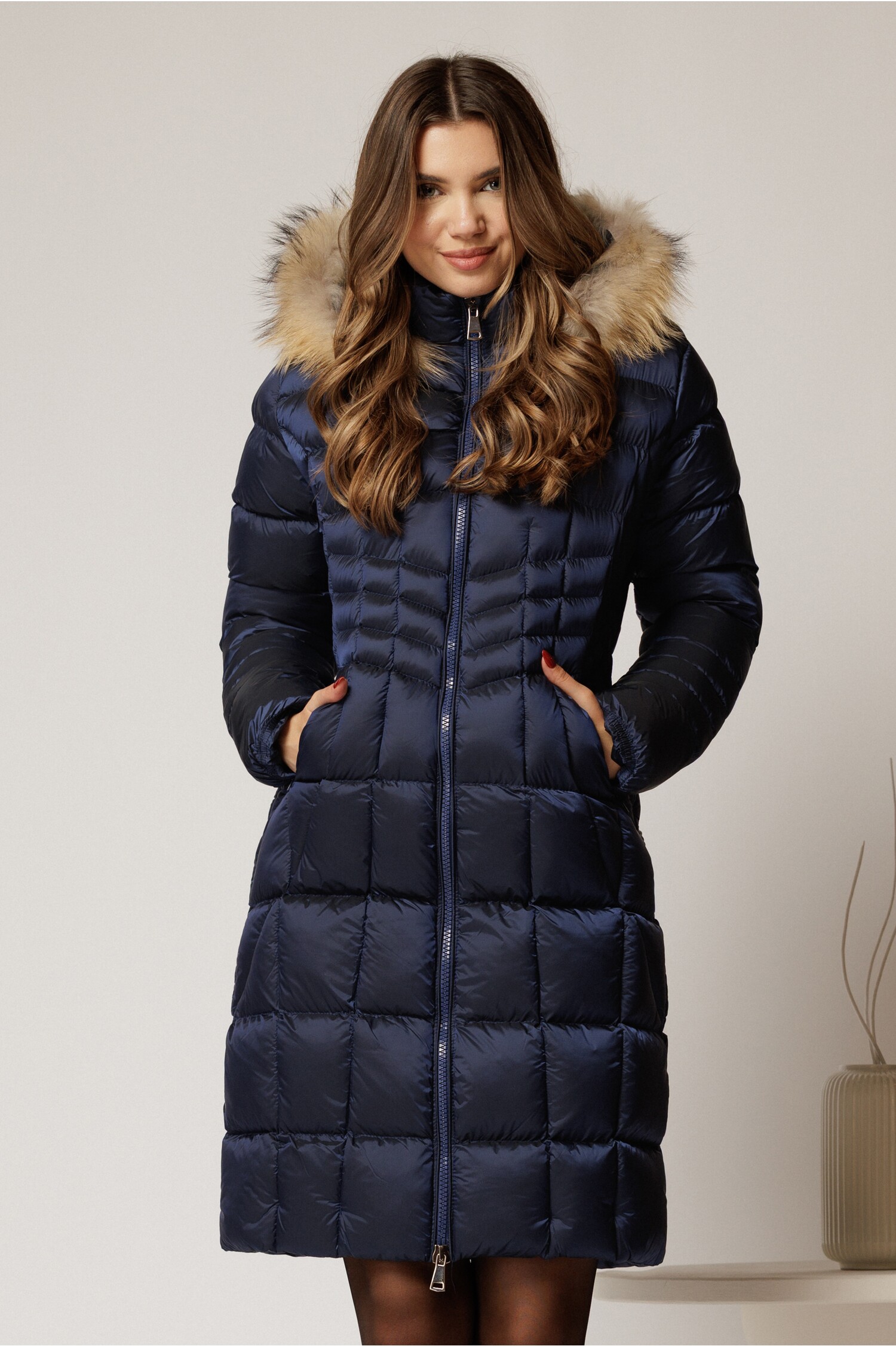 Geaca dama midi bleumarin cu gluga detsabila cu blanita