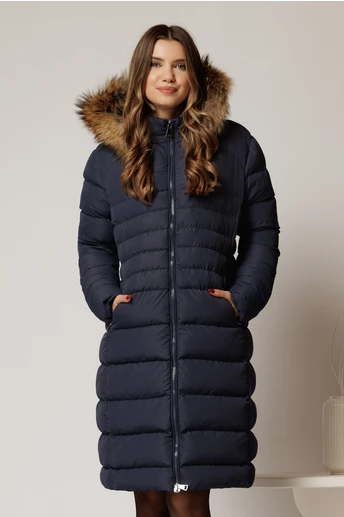 Geaca dama midi bleumarin din fas cu gluga detasabila