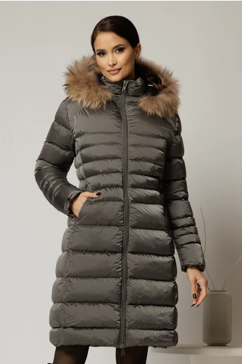 Geaca dama midi gri din fas cu gluga detasabila