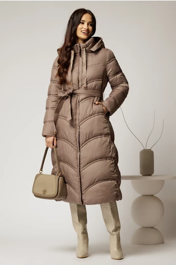 Geaca dama midi maro din fas cu gluga detasabila