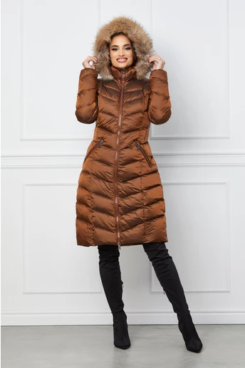 Geaca lunga maro cu blanita naturala la gluga