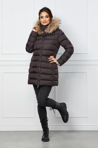 Geaca maro inchis cu blanita naturala la gluga