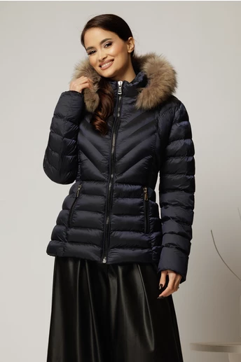 Geaca scurta bleumarin cu blanita naturala la gluga