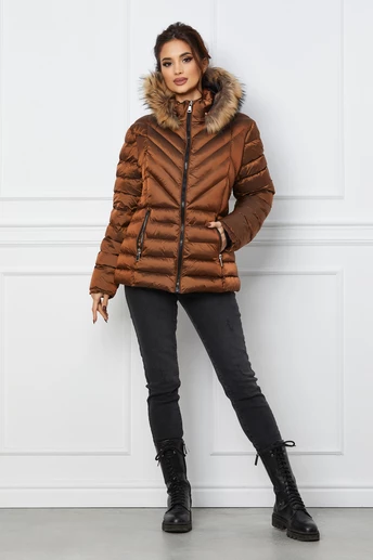 Geaca scurta maro cu blanita naturala la gluga